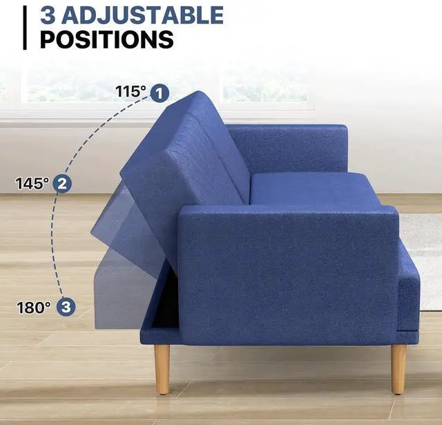 Alt view image 4 of 7 - 75 Inch Convertible Couch Sofa Bed, Reclining Futon Sleeper with Cloud Cushion & Ergonomics Armrest, 3 Seater Upholstered Couch, Comfy Reclining Sofa Bed for Living Room, Bedroom, Navy Blue