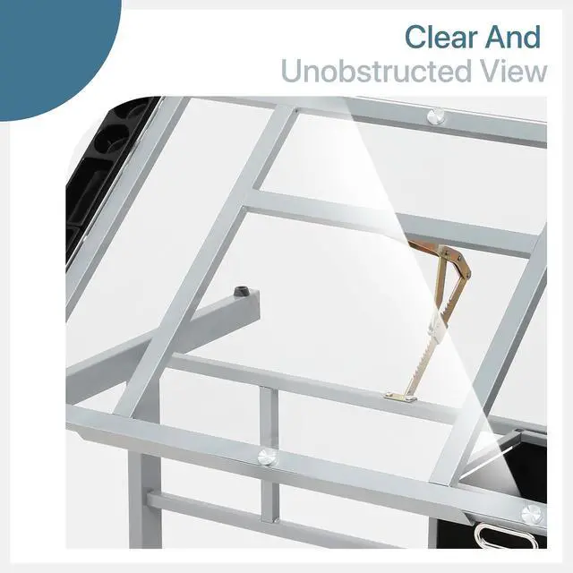 Alt view image 5 of 7 - Adjustable Tabletop Drafting Table, 0°-65° Angle Adjustments, Tempered Glass Top, Ideal for Artists & Designers, Alloy Steel Frame, 2 Drawers, Locking Wheels