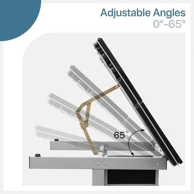 Alt view image 4 of 7 - Adjustable Tabletop Drafting Table, 0°-65° Angle Adjustments, Tempered Glass Top, Ideal for Artists & Designers, Alloy Steel Frame, 2 Drawers, Locking Wheels