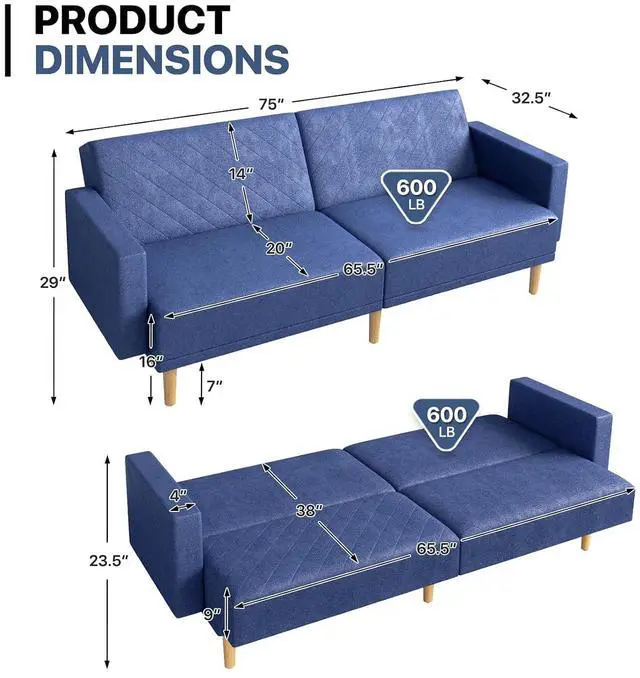 Alt view image 2 of 7 - 75 Inch Convertible Couch Sofa Bed, Reclining Futon Sleeper with Cloud Cushion & Ergonomics Armrest, 3 Seater Upholstered Couch, Comfy Reclining Sofa Bed for Living Room, Bedroom, Navy Blue