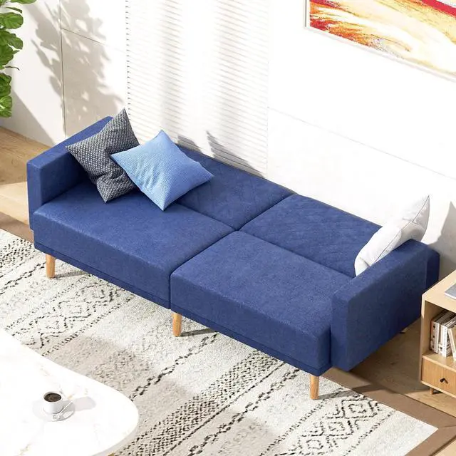 Alt view image 3 of 7 - 75 Inch Convertible Couch Sofa Bed, Reclining Futon Sleeper with Cloud Cushion & Ergonomics Armrest, 3 Seater Upholstered Couch, Comfy Reclining Sofa Bed for Living Room, Bedroom, Navy Blue