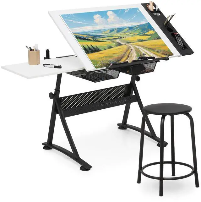 Main image of Drafting Table Set for Home and School, Height & Angle Adjustments (28"-36", 0°-65°), Art Desk with Drawers Artists & Designers