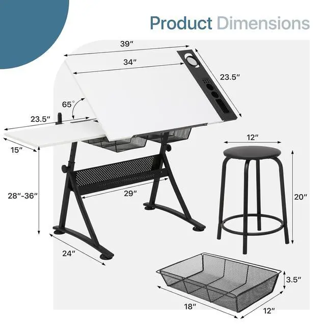 Alt view image 3 of 7 - Drafting Table Set for Home and School, Height & Angle Adjustments (28"-36", 0°-65°), Art Desk with Drawers Artists & Designers