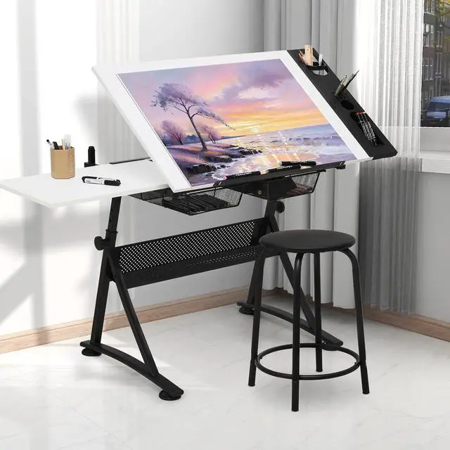 Alt view image 2 of 7 - Drafting Table Set for Home and School, Height & Angle Adjustments (28"-36", 0°-65°), Art Desk with Drawers Artists & Designers