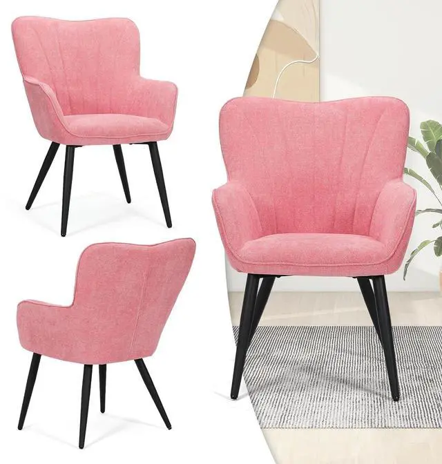 Alt view image 5 of 7 - Accent Chair, Elegant Modern Armchair, Upholstered Vanity Chair with Metal Legs and High Back, Comfy Reading Chair for Living Room Bedroom Office, Soft Pink