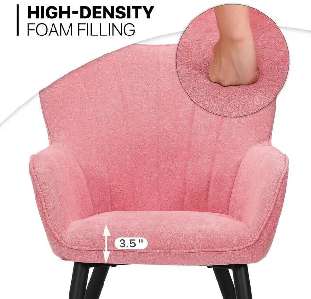 Alt view image 6 of 7 - Accent Chair, Elegant Modern Armchair, Upholstered Vanity Chair with Metal Legs and High Back, Comfy Reading Chair for Living Room Bedroom Office, Soft Pink