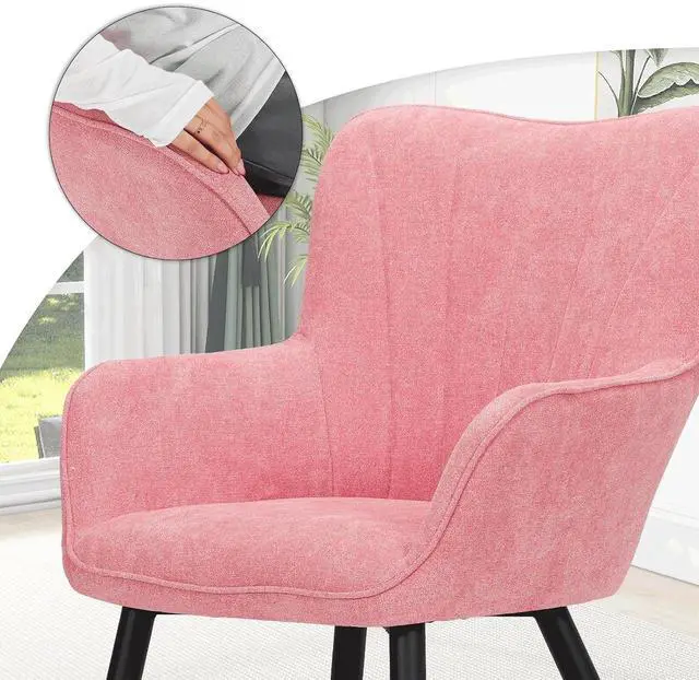 Alt view image 7 of 7 - Accent Chair, Elegant Modern Armchair, Upholstered Vanity Chair with Metal Legs and High Back, Comfy Reading Chair for Living Room Bedroom Office, Soft Pink