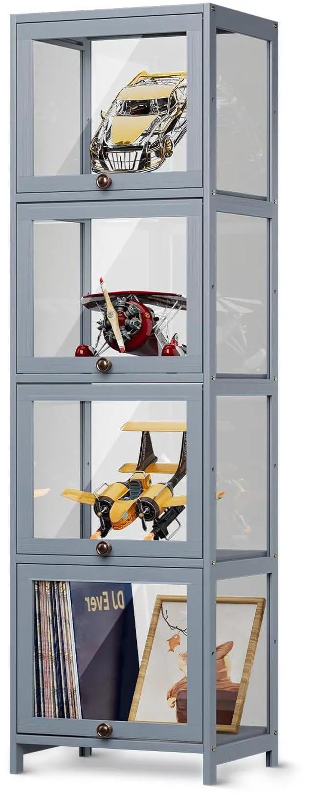 Main image of Narrow Display Cabinet for Small Space, 4 Tier Slim Storage Shelves with Acrylic Glass Door, Free Standing Transparent Bamboo Display Case for Collection
