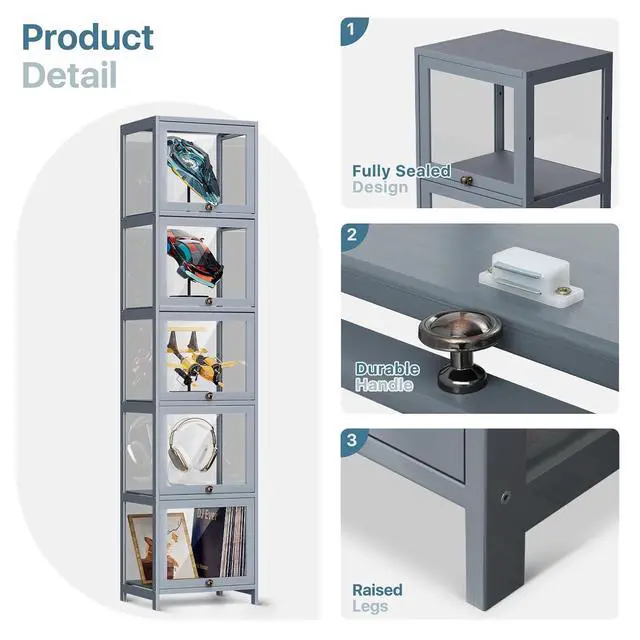 Alt view image 7 of 7 - Narrow Display Cabinet for Small Space, 5 Tier Slim Storage Shelves with Acrylic Glass Door, Free Standing Transparent Bamboo Display Case for Collection