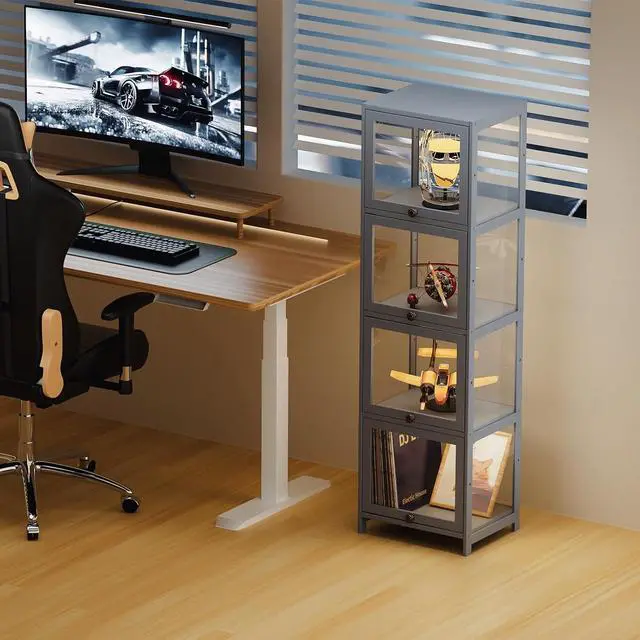 Alt view image 2 of 7 - Narrow Display Cabinet for Small Space, 4 Tier Slim Storage Shelves with Acrylic Glass Door, Free Standing Transparent Bamboo Display Case for Collection