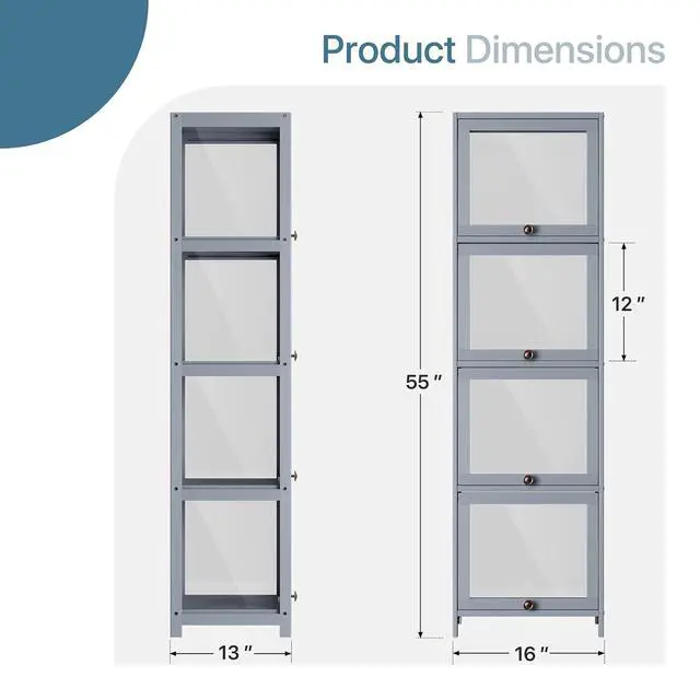 Alt view image 3 of 7 - Narrow Display Cabinet for Small Space, 4 Tier Slim Storage Shelves with Acrylic Glass Door, Free Standing Transparent Bamboo Display Case for Collection