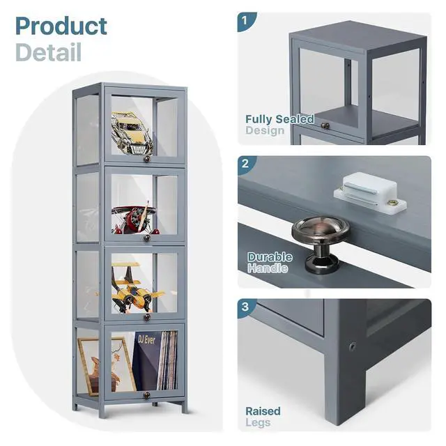Alt view image 7 of 7 - Narrow Display Cabinet for Small Space, 4 Tier Slim Storage Shelves with Acrylic Glass Door, Free Standing Transparent Bamboo Display Case for Collection