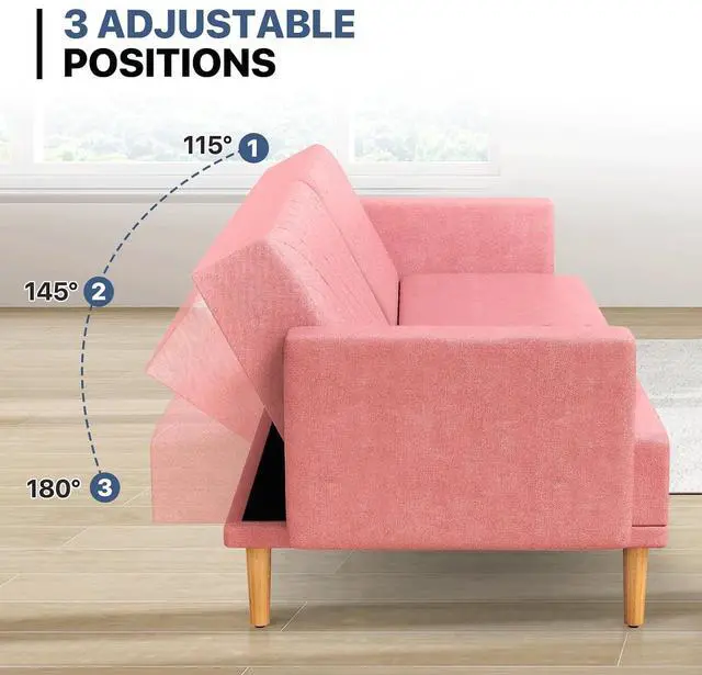 Alt view image 4 of 7 - 75 Inch Convertible Couch Sofa Bed, Reclining Futon Sleeper with Cloud Cushion & Ergonomics Armrest, 3 Seater Upholstered Couch, Comfy Reclining Sofa Bed for Living Room, Bedroom, Pink