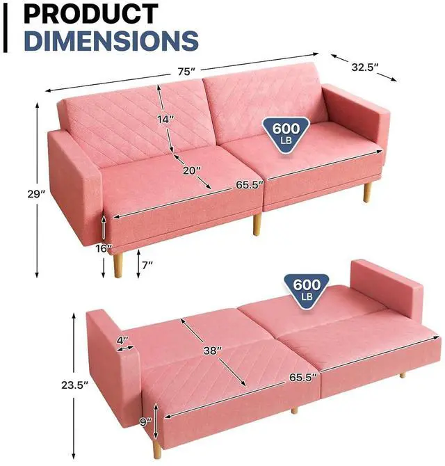 Alt view image 2 of 7 - 75 Inch Convertible Couch Sofa Bed, Reclining Futon Sleeper with Cloud Cushion & Ergonomics Armrest, 3 Seater Upholstered Couch, Comfy Reclining Sofa Bed for Living Room, Bedroom, Pink