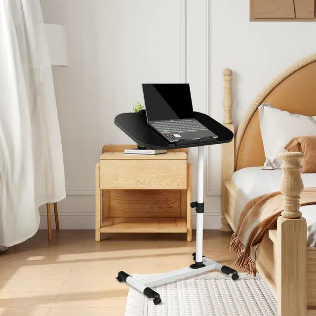 Alt view image 2 of 7 - Mobile Height Adjustable Laptop Stand Computer Workstation, 360° Rotatable Panel, Adjustable Height 24"-36", Portable T-Shape Base with Locking Casters, Ideal for Home & Office, White