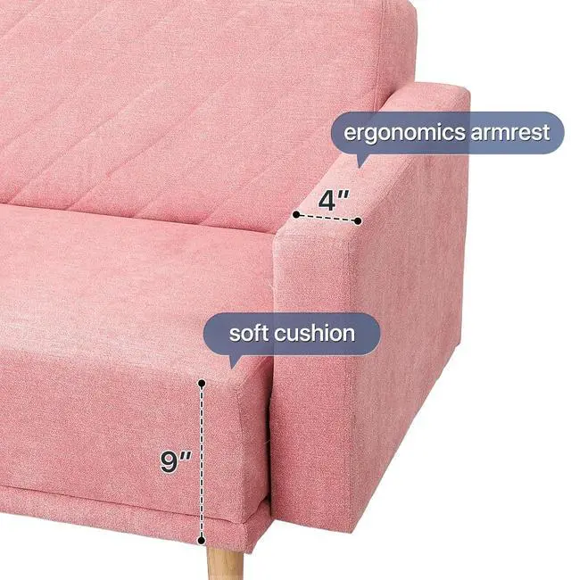 Alt view image 6 of 7 - 75 Inch Convertible Couch Sofa Bed, Reclining Futon Sleeper with Cloud Cushion & Ergonomics Armrest, 3 Seater Upholstered Couch, Comfy Reclining Sofa Bed for Living Room, Bedroom, Pink