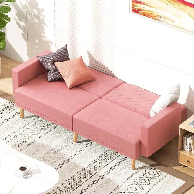 Alt view image 3 of 7 - 75 Inch Convertible Couch Sofa Bed, Reclining Futon Sleeper with Cloud Cushion & Ergonomics Armrest, 3 Seater Upholstered Couch, Comfy Reclining Sofa Bed for Living Room, Bedroom, Pink