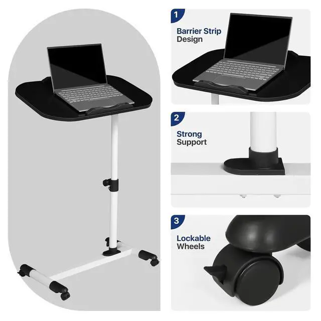 Alt view image 7 of 7 - Mobile Height Adjustable Laptop Stand Computer Workstation, 360° Rotatable Panel, Adjustable Height 24"-36", Portable T-Shape Base with Locking Casters, Ideal for Home & Office, White