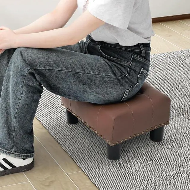 Alt view image 2 of 7 - Small Foot Stool Ottoman, Ottoman Foot Rest with Legs, Foot Rest Foot Step Stool for Couch, Rectangle Tufted Footstool for Living Room Entryway, Brown