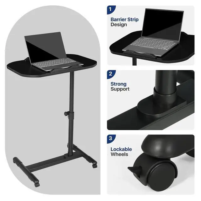 Alt view image 7 of 7 - Mobile Height Adjustable Laptop Stand Computer Workstation, 360° Rotatable Panel, Adjustable Height 24"-36", Portable T-Shape Base with Locking Casters, Ideal for Home & Office, Black
