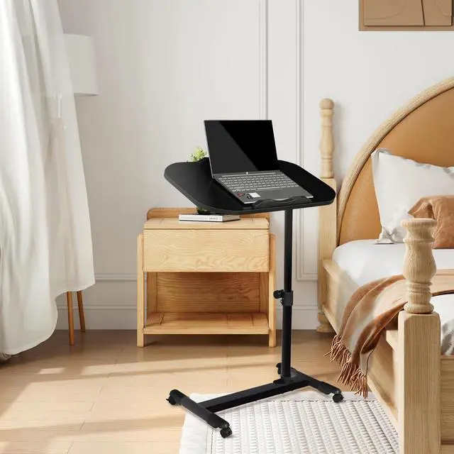 Alt view image 2 of 7 - Mobile Height Adjustable Laptop Stand Computer Workstation, 360° Rotatable Panel, Adjustable Height 24"-36", Portable T-Shape Base with Locking Casters, Ideal for Home & Office, Black