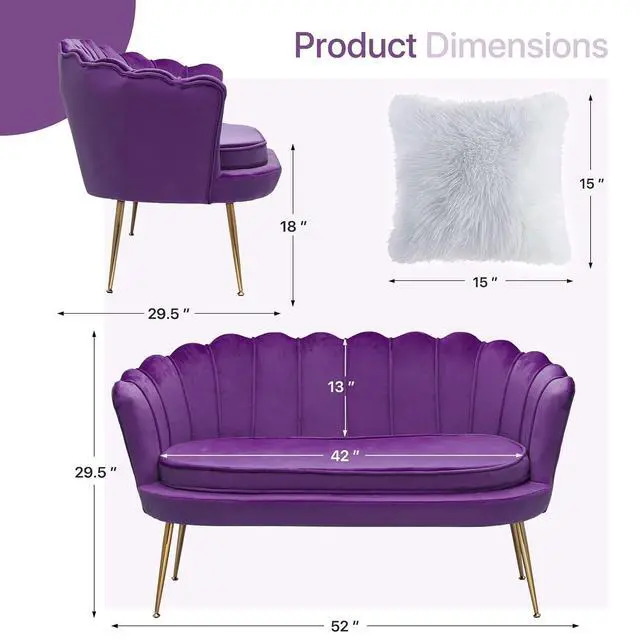 Alt view image 2 of 7 - Velvet Loveseat with 2 Pillows, Couch Tufted Love Seat Accent Chair, Scalloped Back Upholestered Living Room Loveseat with Metal Legs, Cushion Padded Sofa for Dining Room Bedroom, Purple