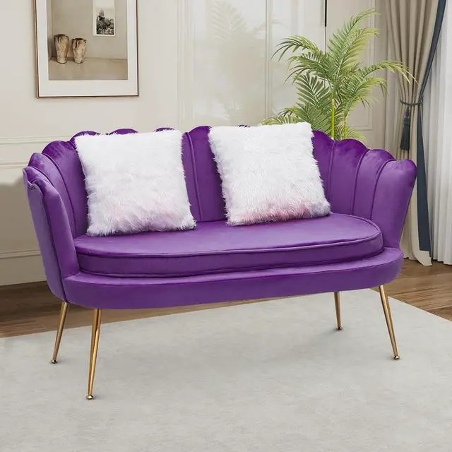 Main image of Velvet Loveseat with 2 Pillows, Couch Tufted Love Seat Accent Chair, Scalloped Back Upholestered Living Room Loveseat with Metal Legs, Cushion Padded Sofa for Dining Room Bedroom, Purple