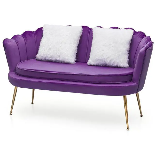 Alt view image 3 of 7 - Velvet Loveseat with 2 Pillows, Couch Tufted Love Seat Accent Chair, Scalloped Back Upholestered Living Room Loveseat with Metal Legs, Cushion Padded Sofa for Dining Room Bedroom, Purple