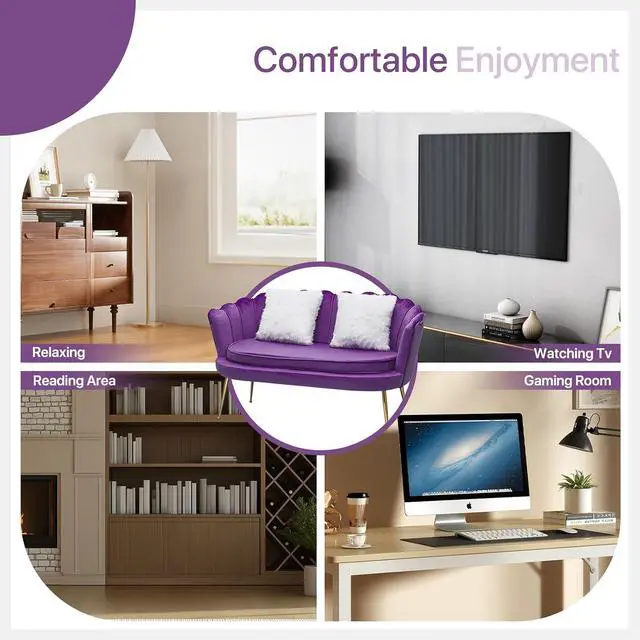 Alt view image 4 of 7 - Velvet Loveseat with 2 Pillows, Couch Tufted Love Seat Accent Chair, Scalloped Back Upholestered Living Room Loveseat with Metal Legs, Cushion Padded Sofa for Dining Room Bedroom, Purple