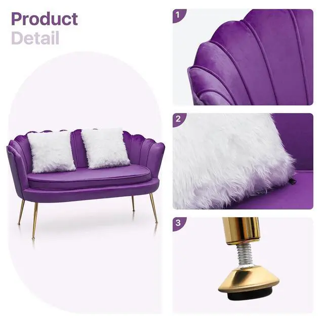 Alt view image 5 of 7 - Velvet Loveseat with 2 Pillows, Couch Tufted Love Seat Accent Chair, Scalloped Back Upholestered Living Room Loveseat with Metal Legs, Cushion Padded Sofa for Dining Room Bedroom, Purple