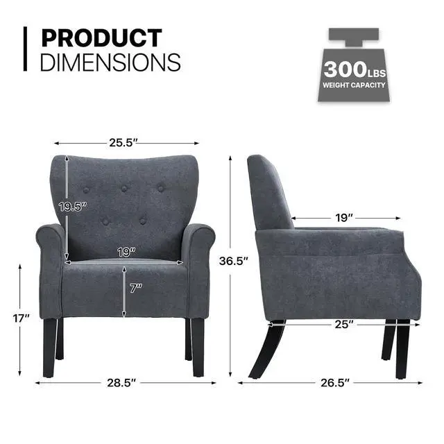 Alt view image 2 of 7 - Button Tufted Accent Chair, Upholstered Linen Armchair with High Back and Sturdy Wood Legs for Living Room Bedroom Small Space, Lava Gray