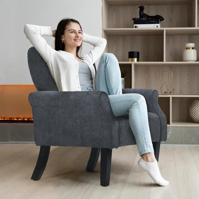 Alt view image 3 of 7 - Button Tufted Accent Chair, Upholstered Linen Armchair with High Back and Sturdy Wood Legs for Living Room Bedroom Small Space, Lava Gray