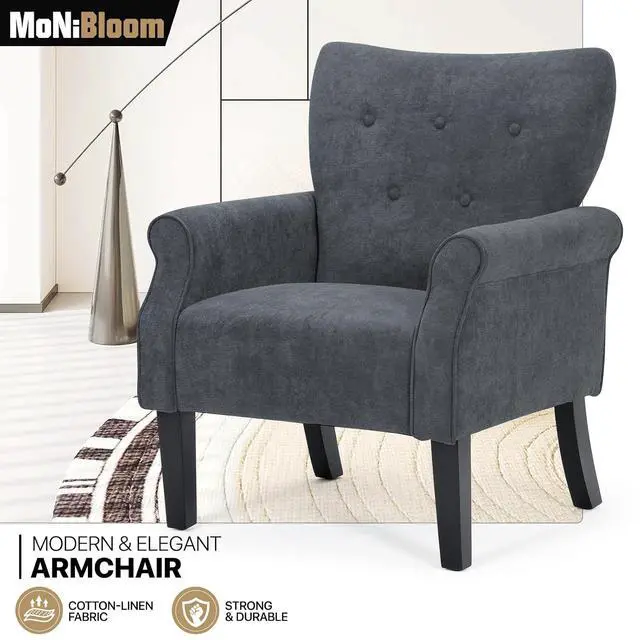Alt view image 4 of 7 - Button Tufted Accent Chair, Upholstered Linen Armchair with High Back and Sturdy Wood Legs for Living Room Bedroom Small Space, Lava Gray