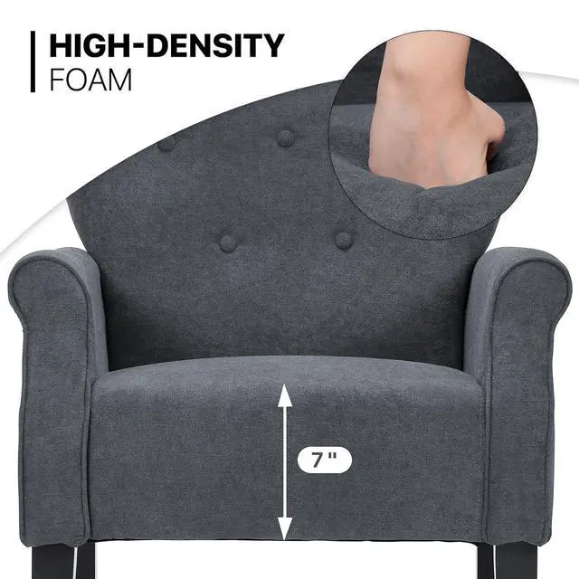 Alt view image 6 of 7 - Button Tufted Accent Chair, Upholstered Linen Armchair with High Back and Sturdy Wood Legs for Living Room Bedroom Small Space, Lava Gray