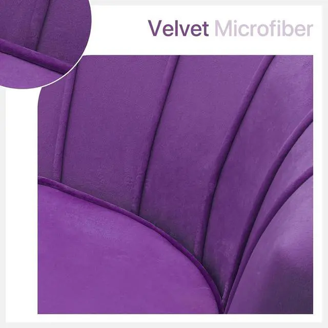 Alt view image 6 of 7 - Velvet Loveseat with 2 Pillows, Couch Tufted Love Seat Accent Chair, Scalloped Back Upholestered Living Room Loveseat with Metal Legs, Cushion Padded Sofa for Dining Room Bedroom, Purple