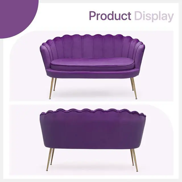 Alt view image 7 of 7 - Velvet Loveseat with 2 Pillows, Couch Tufted Love Seat Accent Chair, Scalloped Back Upholestered Living Room Loveseat with Metal Legs, Cushion Padded Sofa for Dining Room Bedroom, Purple