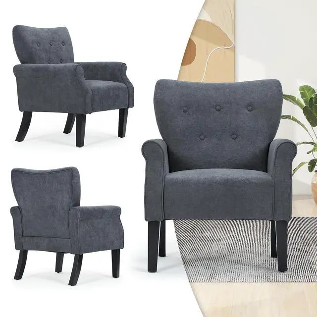 Alt view image 5 of 7 - Button Tufted Accent Chair, Upholstered Linen Armchair with High Back and Sturdy Wood Legs for Living Room Bedroom Small Space, Lava Gray