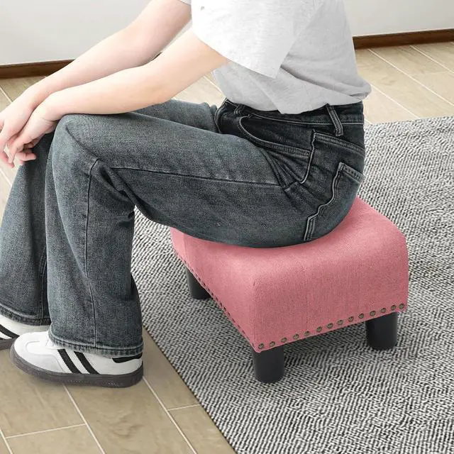 Alt view image 2 of 7 - Small Foot Stool Ottoman, Ottoman Foot Rest with Legs, Foot Rest Foot Step Stool for Couch, Rectangle Tufted Footstool for Living Room Entryway, Pink