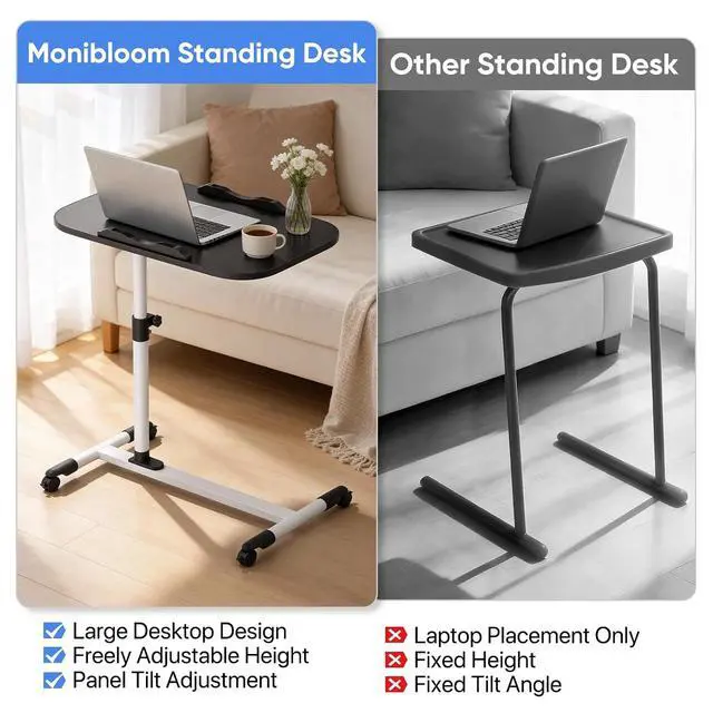 Alt view image 7 of 7 - Mobile Laptop Desk 360° Rotatable Panel Adjustable Height Desk Rolling Cart Ergonomic Table with Wheels for Home Office School, Black