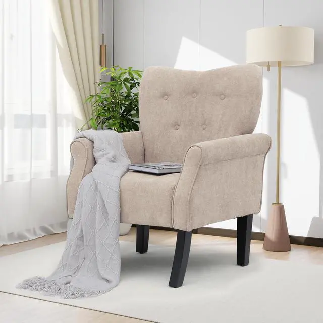 Main image of Button Tufted Accent Chair, Upholstered Linen Armchair with High Back and Sturdy Wood Legs for Living Room Bedroom Small Space, Beige