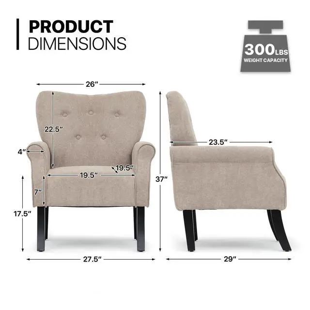Alt view image 2 of 7 - Button Tufted Accent Chair, Upholstered Linen Armchair with High Back and Sturdy Wood Legs for Living Room Bedroom Small Space, Beige