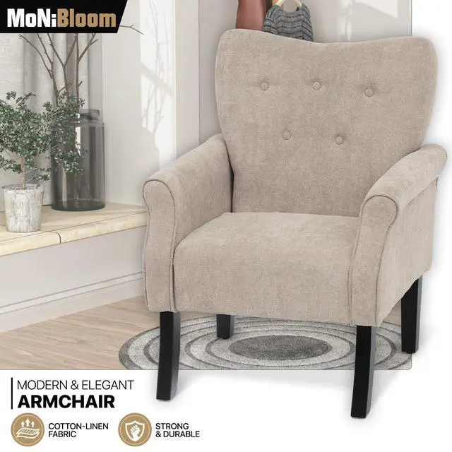 Alt view image 4 of 7 - Button Tufted Accent Chair, Upholstered Linen Armchair with High Back and Sturdy Wood Legs for Living Room Bedroom Small Space, Beige