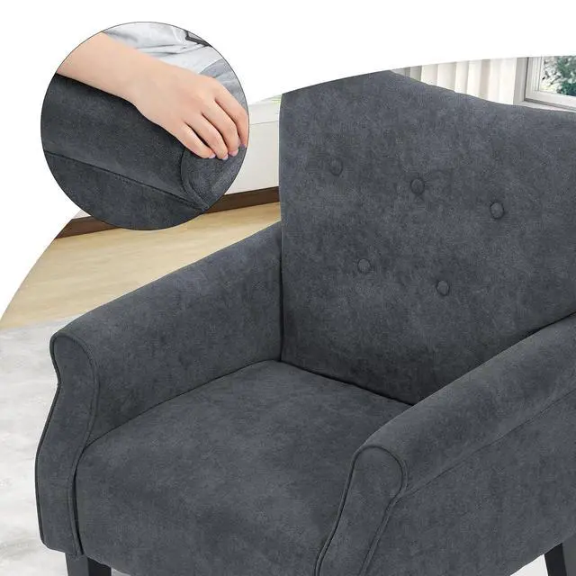 Alt view image 7 of 7 - Button Tufted Accent Chair, Upholstered Linen Armchair with High Back and Sturdy Wood Legs for Living Room Bedroom Small Space, Lava Gray