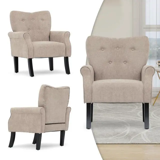 Alt view image 5 of 7 - Button Tufted Accent Chair, Upholstered Linen Armchair with High Back and Sturdy Wood Legs for Living Room Bedroom Small Space, Beige
