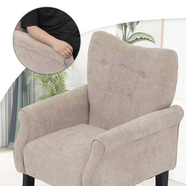 Alt view image 7 of 7 - Button Tufted Accent Chair, Upholstered Linen Armchair with High Back and Sturdy Wood Legs for Living Room Bedroom Small Space, Beige
