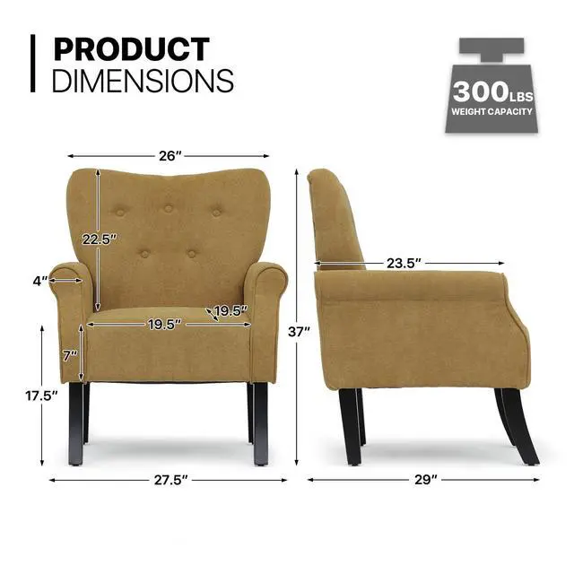 Alt view image 2 of 7 - Button Tufted Accent Chair, Upholstered Linen Armchair with High Back and Sturdy Wood Legs for Living Room Bedroom Small Space, Dark Yellow