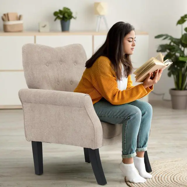 Alt view image 3 of 7 - Button Tufted Accent Chair, Upholstered Linen Armchair with High Back and Sturdy Wood Legs for Living Room Bedroom Small Space, Beige