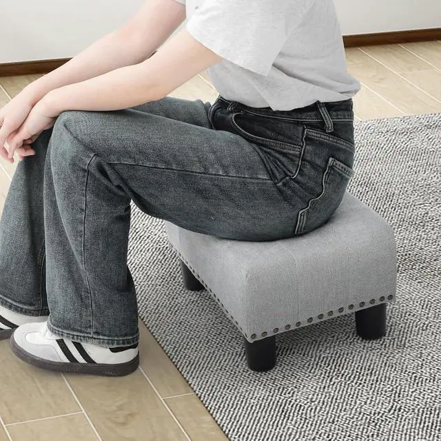 Alt view image 2 of 7 - Small Foot Stool Ottoman, Ottoman Foot Rest with Legs, Foot Rest Foot Step Stool for Couch, Rectangle Tufted Footstool for Living Room Entryway, Light Gray