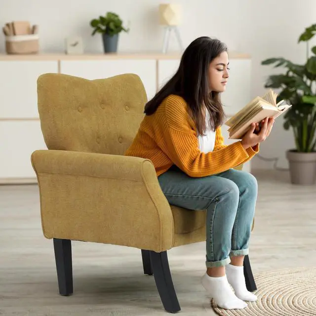 Alt view image 3 of 7 - Button Tufted Accent Chair, Upholstered Linen Armchair with High Back and Sturdy Wood Legs for Living Room Bedroom Small Space, Dark Yellow
