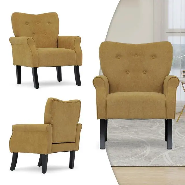Alt view image 5 of 7 - Button Tufted Accent Chair, Upholstered Linen Armchair with High Back and Sturdy Wood Legs for Living Room Bedroom Small Space, Dark Yellow